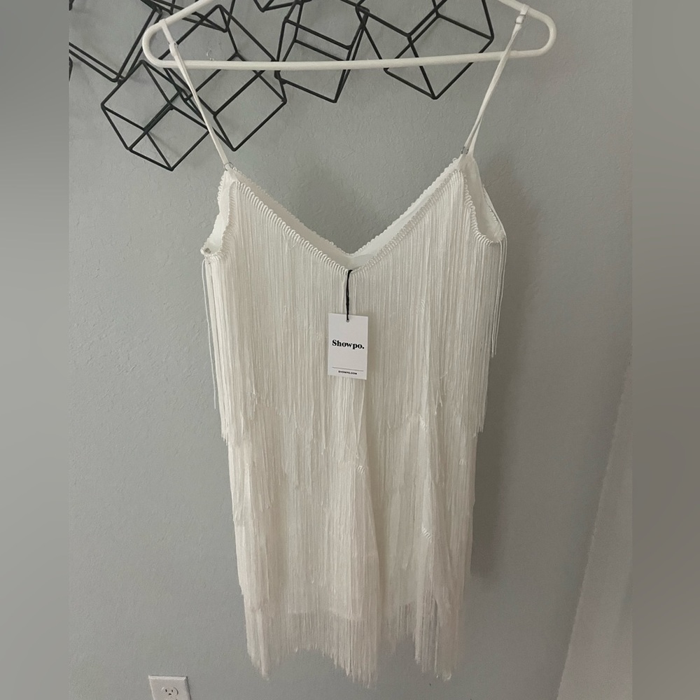 NWT SHOWPO SIOFRA MINI DRESS - ZIG ZAG FRINGE DRESS IN WHITE